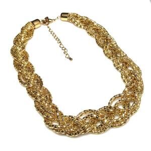 Gold Metal Mesh Braided Necklace, 24 Inches, Six Strands, Bright Shiny Gold Tone